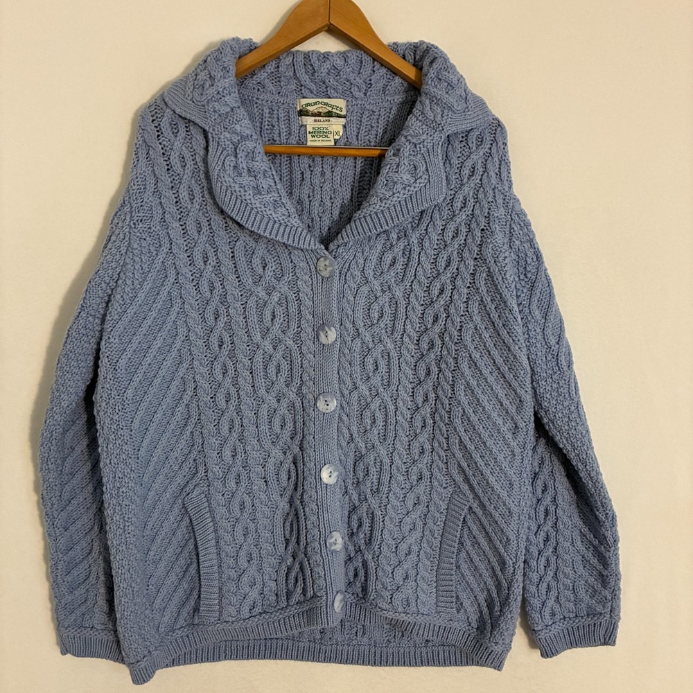 Aran Crafts Merino Wool Cardigan Sweater Women's XL Chunky Cable Knit Ireland